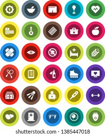 White Solid Icon Set- toaster vector, potato, diet, barbell, heart pulse, stadium, clipboard, jump rope, horizontal bar, punching bag, shorts, roller Skates, medal, cereals, shuttlecock, no fastfood