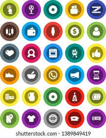White Solid Icon Set- toaster vector, bbq, plates, jug, school building, medal, world, japanese candle, man, dollar, measuring, snickers, t shirt, traking, disk, antenna, loudspeaker, video camera
