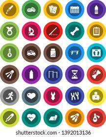 White Solid Icon Set- toaster vector, scales, heart pulse, clipboard, pills vial, horizontal bar, swimsuite, medal, water bottle, calendar, fitness mat, breads, shuttlecock, bone, run, thermometer