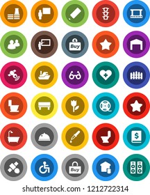 White Solid Icon Set- toilet vector, dish, pencil, blackboard, glasses, annual report, satellite, traffic light, ship, tulip, film frame, spool, satellitie, group, disabled, heart cross, dropper