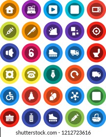 White Solid Icon Set- toilet vector, pen, university, bell, target, any currency, roller Skates, speaker, remote control, social media, play button, pause, forward, disabled, syringe, redo, loading