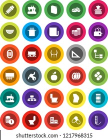 White Solid Icon Set- toilet vector, washing powder, plates, colander, cookbook, pasta, pencil, corner ruler, apple fruit, coin stack, hierarchy, buttocks, pills, stadium, Railway carriage, toaster