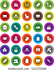 White Solid Icon Set- toilet vector, washing powder, plates, cookbook, jar, pasta, pencil, apple fruit, coin stack, hierarchy, buttocks, pills, Railway carriage, satellite, truck trailer, stop