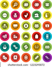 White Solid Icon Set- toilet vector, washing powder, sprayer, plates, cookbook, jar, pasta, pencil, coin stack, money search, buttocks, pills, stadium, truck trailer, Railway carriage, hierarchy