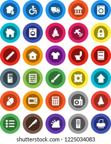 White Solid Icon Set- toilet vector, microwave oven, pen, ruler, bell, abacus, university, arrow up, any currency, t shirt, radio, satellitie, disabled, home, mailbox, lock, smart, cashbox, delivery