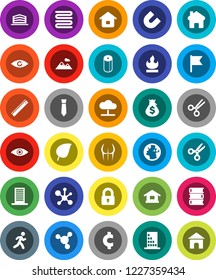 White Solid Icon Set- toilet paper vector, towel, book, ruler, magnet, scissors, molecule, flag, leaf, money bag, tie, cent sign, buttocks, run, earth, flammable, eye, cloud network, home, mountain