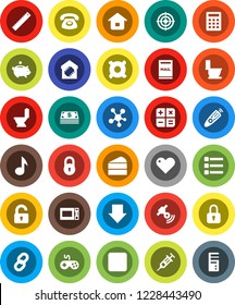 White Solid Icon Set- toilet vector, microwave oven, cake, ruler, music, piggy bank, arrow down, any currency, target, satellitie, gamepad, remote control, social media, heart, backward button, menu