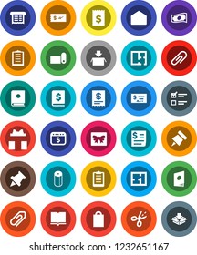 White Solid Icon Set- toilet paper vector, book, pin, exam, cash, check, annual report, receipt, dollar calendar, clipboard, fitness mat, mail, attachment, plan, gift, shopping bag, catalog, coupon
