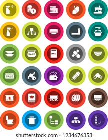 White Solid Icon Set- toilet vector, washing powder, sprayer, plates, colander, cookbook, pasta, pencil, corner ruler, coin stack, hierarchy, Railway carriage, satellite, truck trailer, pills