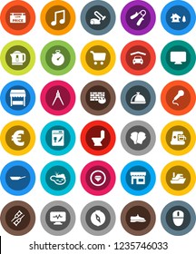 White Solid Icon Set- toilet vector, pan, dish, drawing compass, music, cart, euro sign, stopwatch, hand trainer, snickers, boxing glove, ship, crutches, diagnostic monitor, firewall, chalet, pond