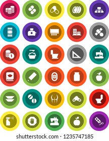 White Solid Icon Set- toilet vector, washing powder, sprayer, cookbook, plates, jar, pasta, pencil, corner ruler, apple fruit, coin stack, hierarchy, buttocks, pills, stadium, satellite, stop