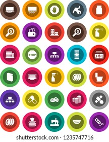 White Solid Icon Set- toilet vector, washing powder, sprayer, plates, colander, cookbook, jar, pasta, coin stack, money search, hierarchy, stadium, pills, satellite, truck trailer, stop, apartments