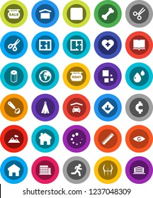 White Solid Icon Set- toilet paper vector, towel, ladle, book, ruler, scissors, cent sign, buttocks, heart cross, bone, run, earth, dry cargo, flammable, rec button, eye, blood drop, home, loading