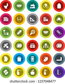 White Solid Icon Set- toilet vector, sprayer, plates, colander, jar, pasta, pencil, corner ruler, apple fruit, money search, stadium, buttocks, pills, satellite, hierarchy, apartments, mailbox