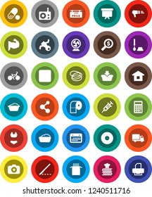 White Solid Icon Set- toilet brush vector, foam basin, paper, cookbook, pasta, calculator, money search, presentation board, bike, muscule hand, swimsuite, pills, molecule, hoop, satellite, delivery