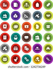 White Solid Icon Set- toilet vector, washing powder, colander, cookbook, plates, jar, pencil, corner ruler, apple fruit, coin stack, hierarchy, stadium, buttocks, pills, satellite, truck trailer