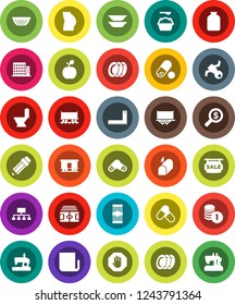 White Solid Icon Set- toilet vector, washing powder, plates, colander, jar, pasta, pencil, corner ruler, apple fruit, coin stack, money search, hierarchy, stadium, buttocks, pills, Railway carriage