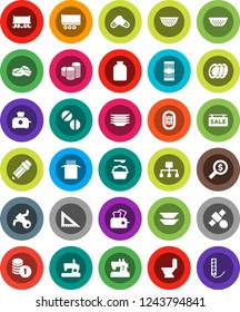 White Solid Icon Set- toilet vector, washing powder, plates, colander, jar, pasta, pencil, corner ruler, coin stack, money search, stadium, Railway carriage, satellite, truck trailer, pills, toaster