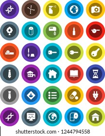 White Solid Icon Set- toilet brush vector, sprayer, paper, oil, book, constellation, sand clock, tie, pills, earth, flammable, camera, dna, eye doctor hat, diagnostic monitor, home, key, cottage