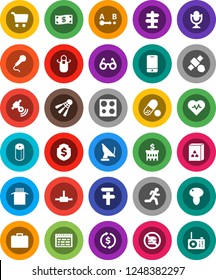 White Solid Icon Set- toilet paper vector, apron, oven, cereal, pasta, mushroom, glasses, schedule, exchange, cart, case, bank building, dollar shield, heart pulse, pills, shuttlecock, no fastfood