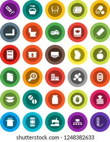 White Solid Icon Set- toilet vector, washing powder, cookbook, plates, jar, pasta, pencil, corner ruler, apple fruit, money search, hierarchy, buttocks, pills, stadium, satellite, truck trailer