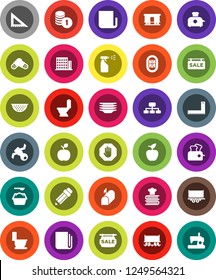 White Solid Icon Set- toilet vector, washing powder, sprayer, plates, colander, cookbook, pencil, corner ruler, apple fruit, coin stack, hierarchy, stadium, Railway carriage, satellite, newspaper