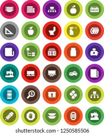 White Solid Icon Set- toilet vector, sprayer, plates, jar, pasta, pencil, corner ruler, apple fruit, money search, hierarchy, stadium, Railway carriage, truck trailer, newspaper, pills, stop