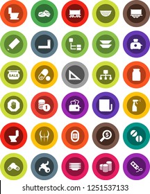 White Solid Icon Set- toilet vector, sprayer, plates, colander, jar, pencil, corner ruler, coin stack, money search, buttocks, pills, stadium, Railway carriage, satellite, truck trailer, newspaper