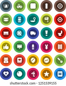 White Solid Icon Set- toilet vector, cleaning agent, washboard, skimmer, double boiler, cookbook, plates, pasta, target, presentation board, fitball, swimsuite, water bottle, heart cross, big scales