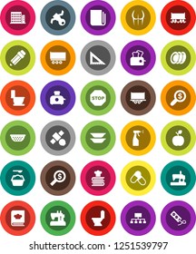White Solid Icon Set- toilet vector, washing powder, sprayer, colander, cookbook, plates, pencil, corner ruler, apple fruit, money search, hierarchy, buttocks, pills, Railway carriage, satellite