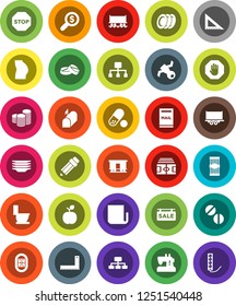 White Solid Icon Set- toilet vector, plates, pasta, pencil, corner ruler, apple fruit, coin stack, money search, hierarchy, stadium, buttocks, pills, Railway carriage, satellite, truck trailer, stop