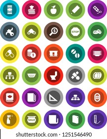 White Solid Icon Set- toilet vector, washing powder, sprayer, plates, colander, cookbook, pasta, pencil, corner ruler, apple fruit, coin stack, money search, hierarchy, pills, stadium, satellite