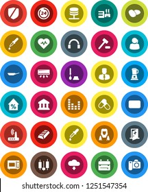 White Solid Icon Set- toilet brush vector, cleaner woman, pan, microwave oven, potato, backpack, bank, gold ingot, japanese candle, percent growth, manager, heart pulse, pills, support, protected