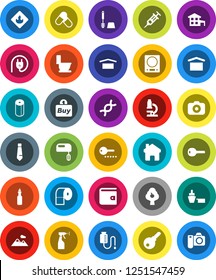 White Solid Icon Set- toilet vector, brush, sprayer, paper, oil, microscope, wallet, tie, pills, port, dry cargo, flammable, camera, dna, syringe, drop counter, home, cottage, fruit tree, mountain