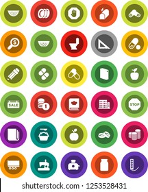 White Solid Icon Set- toilet vector, washing powder, plates, colander, cookbook, jar, pencil, corner ruler, apple fruit, coin stack, money search, pills, truck trailer, newspaper, stop, apartments