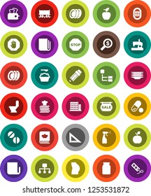 White Solid Icon Set- toilet vector, washing powder, sprayer, plates, cookbook, jar, pencil, corner ruler, apple fruit, money search, buttocks, pills, stadium, Railway carriage, newspaper, hierarchy