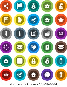 White Solid Icon Set- toilet paper vector, scissors, flag, money bag, dollar, tie, pound, buttocks, molecule, heart cross, clock, document, rec button, eye, loading, sale signboard, rooms, lock