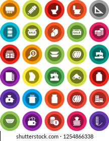 White Solid Icon Set- toilet vector, plates, colander, cookbook, jar, pasta, pencil, corner ruler, coin stack, money search, stadium, buttocks, truck trailer, newspaper, pills, sale signboard