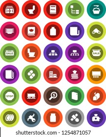 White Solid Icon Set- toilet vector, washing powder, plates, cookbook, jar, money search, hierarchy, stadium, Railway carriage, satellite, truck trailer, newspaper, pills, stop, mailbox, apartments