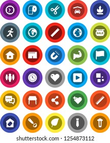 White Solid Icon Set- toilet paper vector, ladle, ruler, magnet, scissors, flag, leaf, man, tie, muscule hand, shorts, molecule, run, earth, clock, flammable, dialog, heart, play button, cross