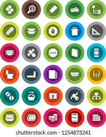 White Solid Icon Set- toilet vector, washing powder, plates, colander, pasta, pencil, corner ruler, coin stack, money search, buttocks, satellite, Railway carriage, newspaper, pills, hierarchy, stop