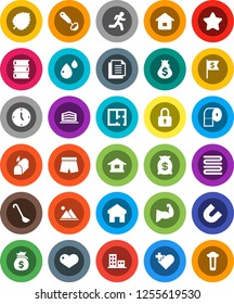 White Solid Icon Set- toilet paper vector, towel, ladle, book, magnet, leaf, money bag, clock, dollar flag, muscule hand, shorts, heart cross, run, document, blood drop, home, mountain, plan, star