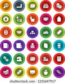 White Solid Icon Set- toilet vector, washing powder, plates, colander, cookbook, jar, pasta, pencil, corner ruler, apple fruit, coin stack, money search, hierarchy, stadium, truck trailer, newspaper
