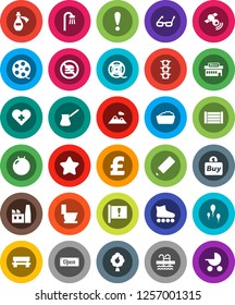 White Solid Icon Set- toilet vector, foam basin, turk coffee, pencil, glasses, pound, fitball, roller Skates, pool, no fastfood, attention, traffic light, wood box, film spool, satellitie, potion