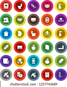 White Solid Icon Set- toilet vector, washing powder, sprayer, plates, colander, cookbook, pasta, pencil, corner ruler, apple fruit, coin stack, hierarchy, buttocks, pills, stadium, Railway carriage