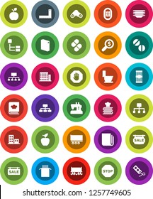 White Solid Icon Set- toilet vector, washing powder, plates, cookbook, pasta, corner ruler, apple fruit, money search, hierarchy, stadium, Railway carriage, truck trailer, newspaper, pills, stop