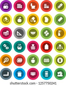 White Solid Icon Set- toilet vector, washing powder, sprayer, plates, colander, cookbook, jar, pasta, pencil, corner ruler, apple fruit, coin stack, money search, buttocks, pills, hierarchy, stop