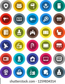 White Solid Icon Set- toilet vector, house hold, sink, tv, key, rent signboard, search estate, bath, fireplace, smart home, protect, fridge, mixer, microwave oven, blender, hair dryer, fan, phone