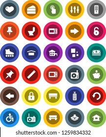 White Solid Icon Set- toilet vector, cake, ruler, piggy bank, roller Skates, dry cargo, radio, settings, remote control, touchscreen, heart, thumbtack, disabled, bench, arrow, undo, loading, unlock