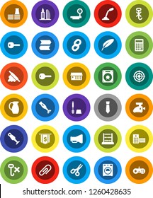 White Solid Icon Set- toilet brush vector, washer, rolling pin, blender, jug, pen, scissors, abacus, calculator, dollar flag, tie, target, no hook, big scales, loudspeaker, hospital building, chain